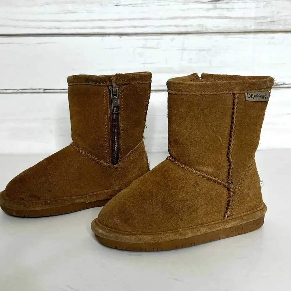 Bearpaw Toddler Suede Boots Size 7 Brown Zip Side Shearling Lined Winter